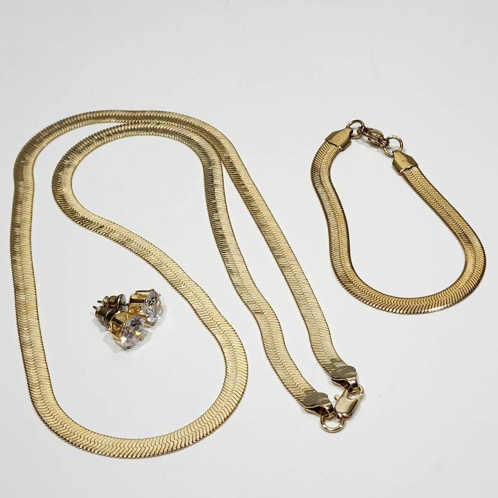 Brilliant Gold Plated Superflex Herringbone Necklace,‎ Bracelet and Earring Set